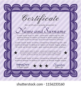 Violet Sample Certificate. Vector illustration. With complex linear background. Nice design. 