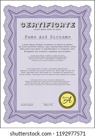 Violet Sample Certificate. Vector illustration. With guilloche pattern. Beauty design. 