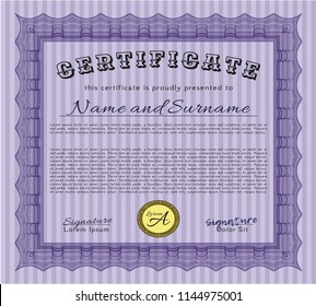 Violet Sample Diploma. Artistry design. With guilloche pattern and background. Vector illustration. 