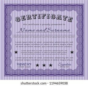 Violet Sample Diploma. With background. Detailed. Money Pattern. 