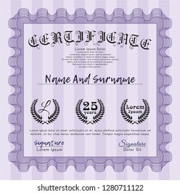 Violet Sample Diploma. Beauty design. Detailed. With great quality guilloche pattern. 