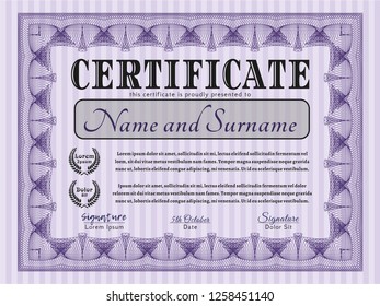 Violet Sample Diploma. With complex linear background. Vector illustration. Elegant design. 