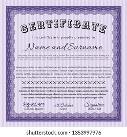 Violet Sample Diploma. With complex linear background. Cordial design. Customizable, Easy to edit and change colors. 
