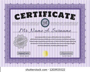 Violet Sample Diploma. Cordial design. Vector illustration. With guilloche pattern and background. 