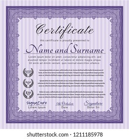 Violet Sample Diploma. Detailed. With great quality guilloche pattern. Money design. 