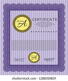 Violet Sample Diploma. Elegant design. Customizable, Easy to edit and change colors. With great quality guilloche pattern. 