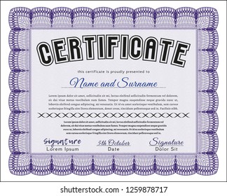 Violet Sample Diploma. With great quality guilloche pattern. Money design. Customizable, Easy to edit and change colors. 