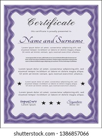Violet Sample Diploma. With great quality guilloche pattern. Detailed. Perfect design. 