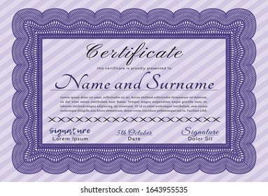 Violet Sample Diploma. With great quality guilloche pattern. Beauty design. Vector illustration. 