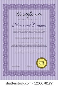 Violet Sample Diploma. With guilloche pattern. Customizable, Easy to edit and change colors. Beauty design. 