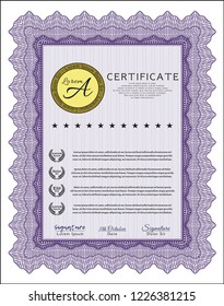 Violet Sample Diploma. With guilloche pattern and background. Sophisticated design. Detailed. 