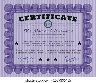 Violet Sample Diploma. With guilloche pattern. Vector illustration. Sophisticated design. 