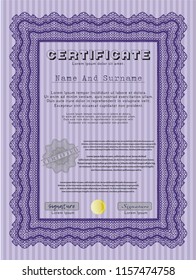 Violet Sample Diploma. With linear background. Money design. Vector illustration. 