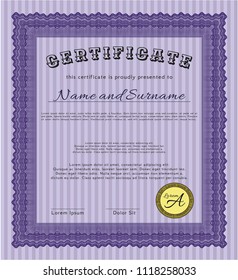 Violet Sample Diploma. Lovely design. Detailed. With guilloche pattern and background. 
