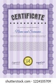 Violet Sample Diploma. Lovely design. With great quality guilloche pattern. Vector illustration. 