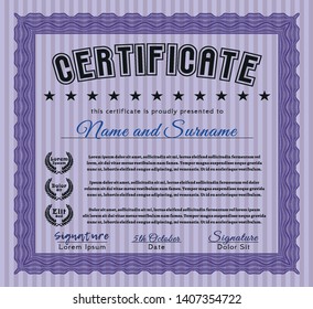 Violet Sample Diploma. Lovely design. Printer friendly. Vector illustration. 