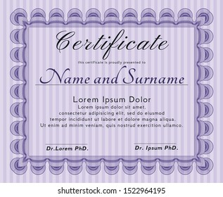Violet Sample Diploma. Modern design. Vector illustration. With complex linear background. 