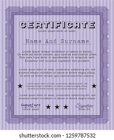 Violet Sample Diploma. Money style design. With complex linear background. Customizable, Easy to edit and change colors. 