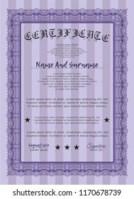 Violet Sample Diploma. Retro design. With guilloche pattern. Vector illustration. 