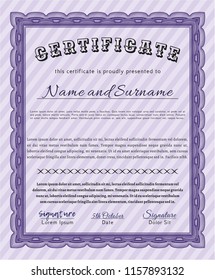 Violet Sample Diploma. Vector illustration. With complex background. Money Pattern design. 