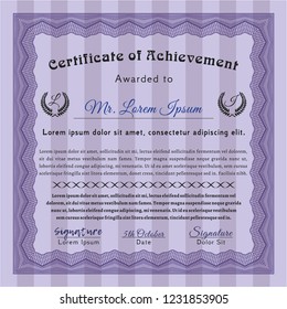 Violet Sample Diploma. Vector illustration. With background. Money Pattern. 