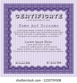 Violet Sample Diploma. Vector illustration. With quality background. Money Pattern. 