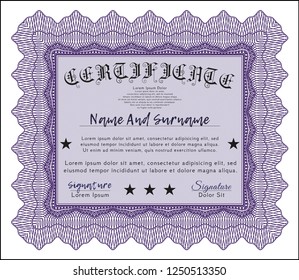 Violet Sample Diploma. Vector illustration. With background. Money Pattern. 