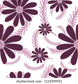 Violet scale color summer background with camomiles flowers. Floral seamless pattern. Monochromatic vector illustration.