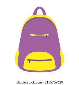 violet school backpack with yellow pockets isolated on white background, vector illustration in cartoon style