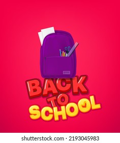 Violet school bag with stationery and Back to school inscription. 3d vector banner 