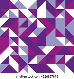 Violet seamless background with geometric shapes. Low polygon seamless pattern in purple colors. Triangle mosaic with lilac rouge purple and white colors.