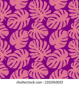 Violet seamless backgrounds with pink monstera leaves, vector grafic.