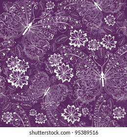 Violet seamless floral pattern with vintage white butterflies and flowers (vector)