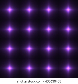 Violet seamless patterm made from shinning cross. Dark seamless background with lilac glowing points. Purple wall of floor made from tiles. Violet laser safety grid or net.
