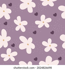 Violet seamless pattern with big flowers. Kids summer print. Vector hand drawn illustration.