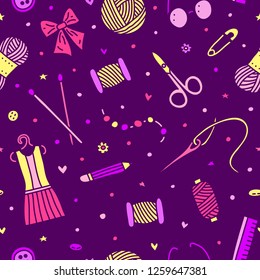 Violet seamless pattern with colorful hand made doodles.