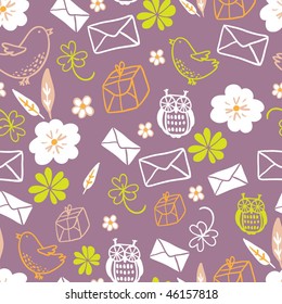 violet seamless pattern with envelopes and birds