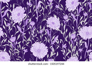 Violet seamless pattern with flowers. Purple floral background for textile, wallpapers, print, wrapping paper, greeting. Vector.