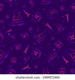 Violet seamless pattern with gradients and starry sky. Repeat background with witch hats, spell books, magic wands and pentagrams. Occult wiccan texture with esoteric and spiritual elements.