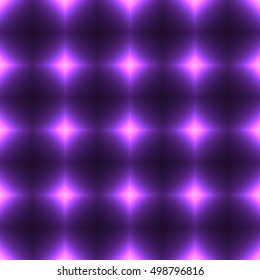 Violet seamless pattern made from shinning cross. Dark seamless background with pink glowing points. Purple wall of floor made from tiles. Lilac laser safety grid or net.