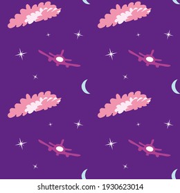 Violet seamless pattern with moon, stars, plane and clouds. Design for wallpaper and wrapping, fabric and textile. Vector illustration.