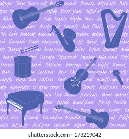 Violet seamless pattern with musical instruments and text