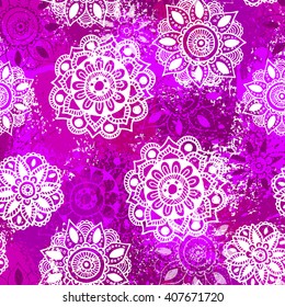 Violet seamless pattern with ornaments. Vintage decorative elements. Hand drawn background. Islam, Arabic, Indian, ottoman motifs. Wallpaper with flowers, for girls