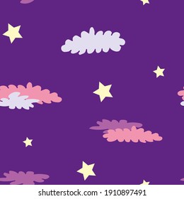 Violet nahtloses Muster mit gelben Sternen und krümeligen Wolken. Design für Tapete und Verpackung, Stoff und Textilien. Vektorgrafik.
