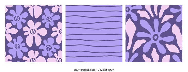Violet seamless patterns set with lines and flowers. Modern hand drawn Y2k purple backgrounds collection with floral and geometric texture. Repeat vector illustration for spring and summer design