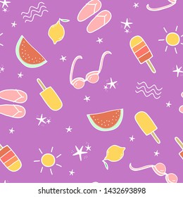 Violet Seamless Summer Pattern, Beach Time Pattern, Cute Drawing Summer Theme
