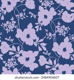 violet seamless vector flowers leaves pattern on blue background