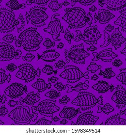 violet seamless vector pattern with fishes 