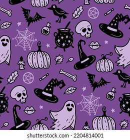 Violet Seamless Vector Pattern, Magic Hand Drawn Doodle. Magic Hat, Pumpkin, Ghost, Spider Web. Mystical Holiday Pattern.