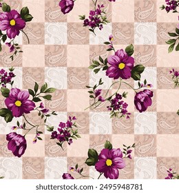 violet seamless vector stock flowers with green leaves bunches pattern on seamless paisley bandanna background